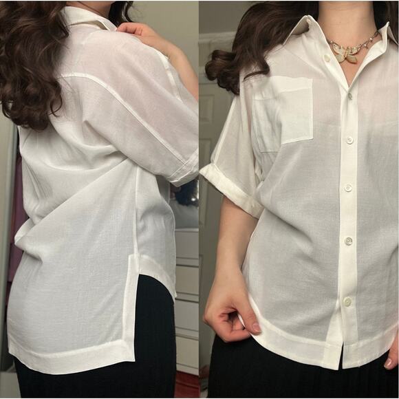 TRINA TURK XS Sheer Cotton White Collared Pocket Short-Sleeve Button-Up Top - Picture 1 of 9